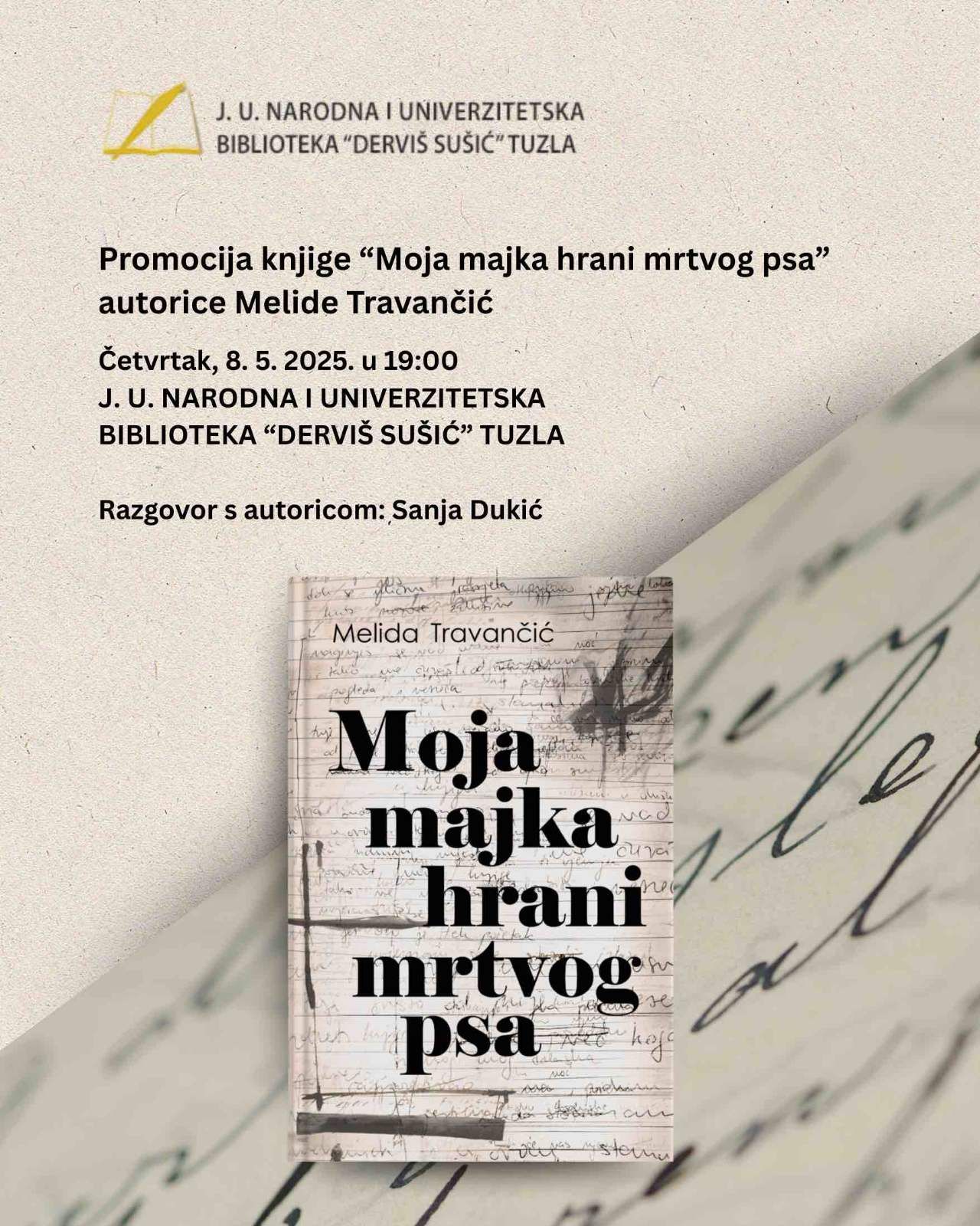 Najava promocije knjige Melide Travančić “Moja majka hrani mrtvog psa”
