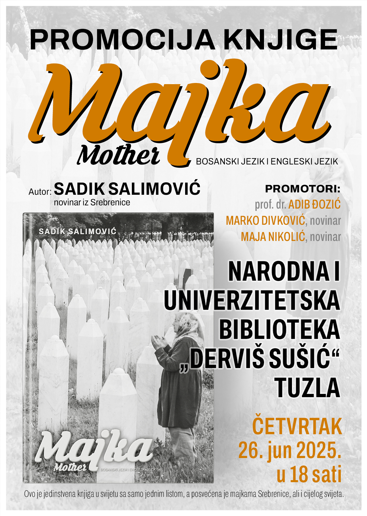 Najava promocije knjige „Majka“, Sadika Salimovića novinara iz Srebrenice